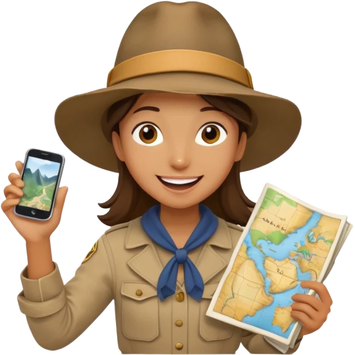 A curious explorer with wide hat, map in hand, and excited adventurous smile.
 emoji