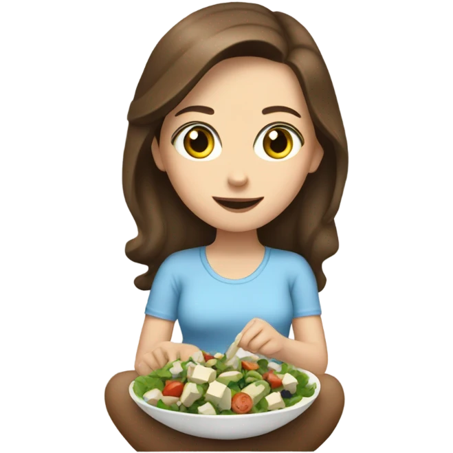 White girl Brown hair blue eyes eating Tofu salad emoji
