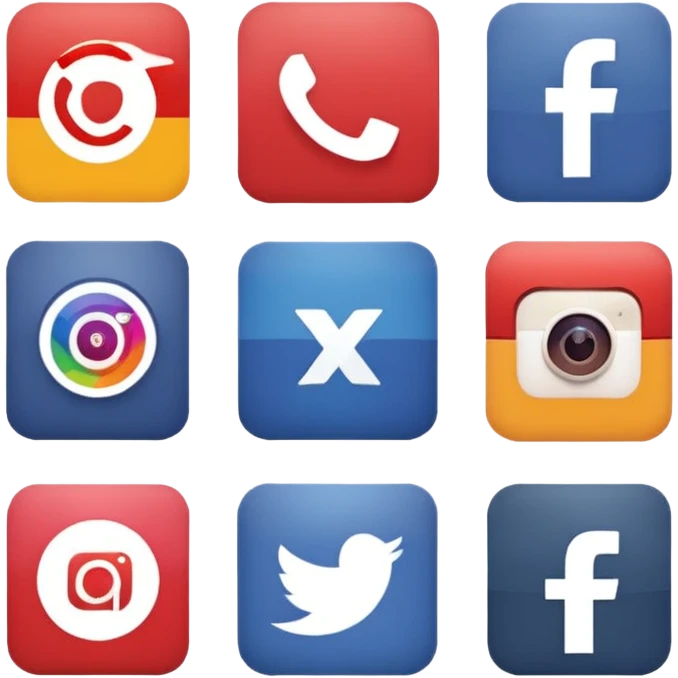 Socail media sauare emoji style icons 
Creat the quadrant with the logos of F.B, X, Trustpilot, Instagram, Youtube, Linkedineach icon is ther only ones, asme size, only icons of the social media that I mentioned only 6 icons emoji