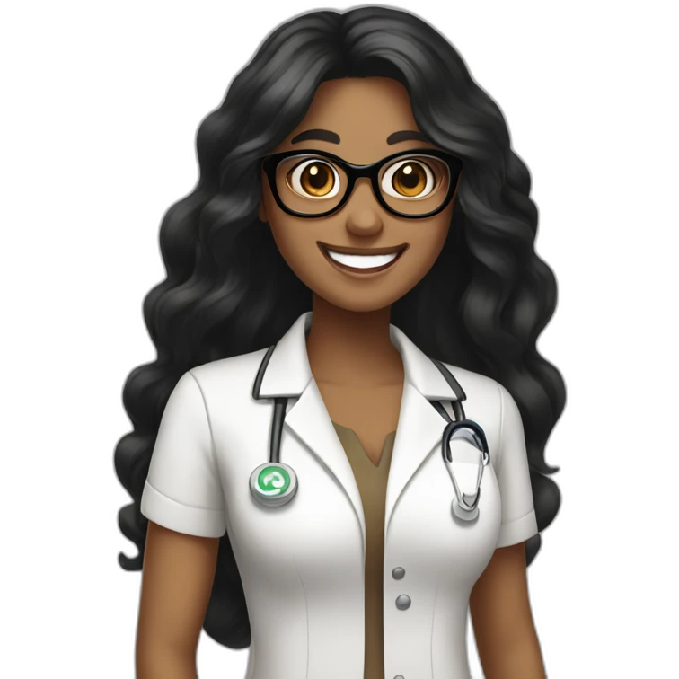 Pharmacist brown skin, long black hair, glasses and a big smile, femail emoji