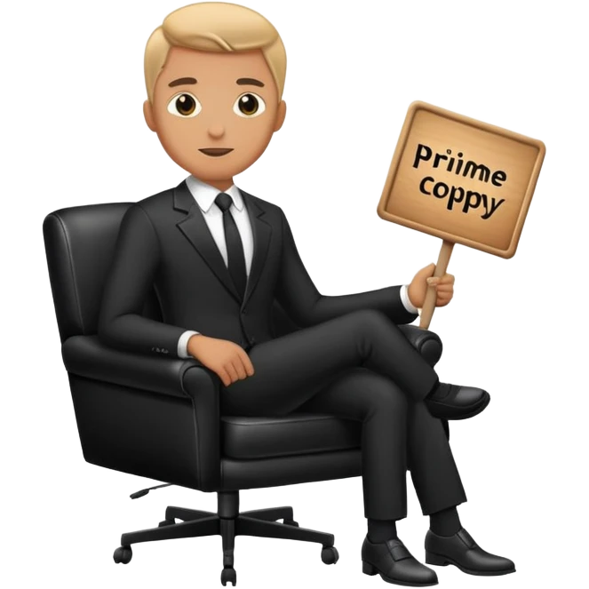 A man in a black suit sits on a black leather chair and holds a sign that says PrimeCopy emoji