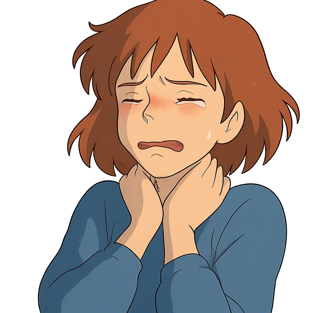 ghibli style girl with a pained expression, hands gently at her neck, soft lighting, emotional focus emoji