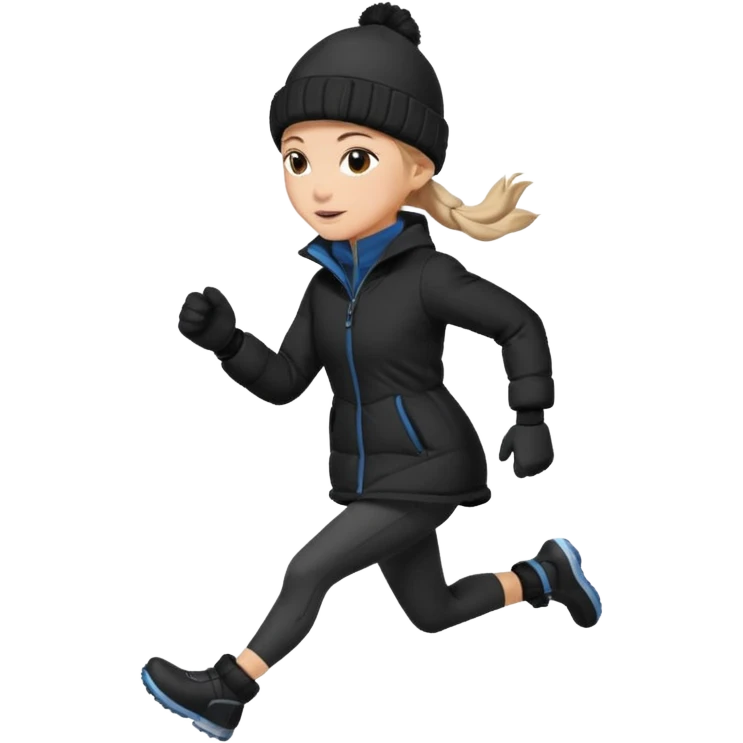Woman running winter dark ponytail and mittens and hat emoji