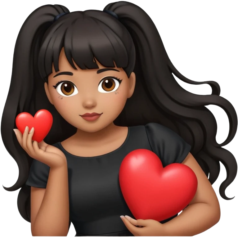 Latina girl with bangs black long hair in pony tail plus size black dress holding a heart emoji