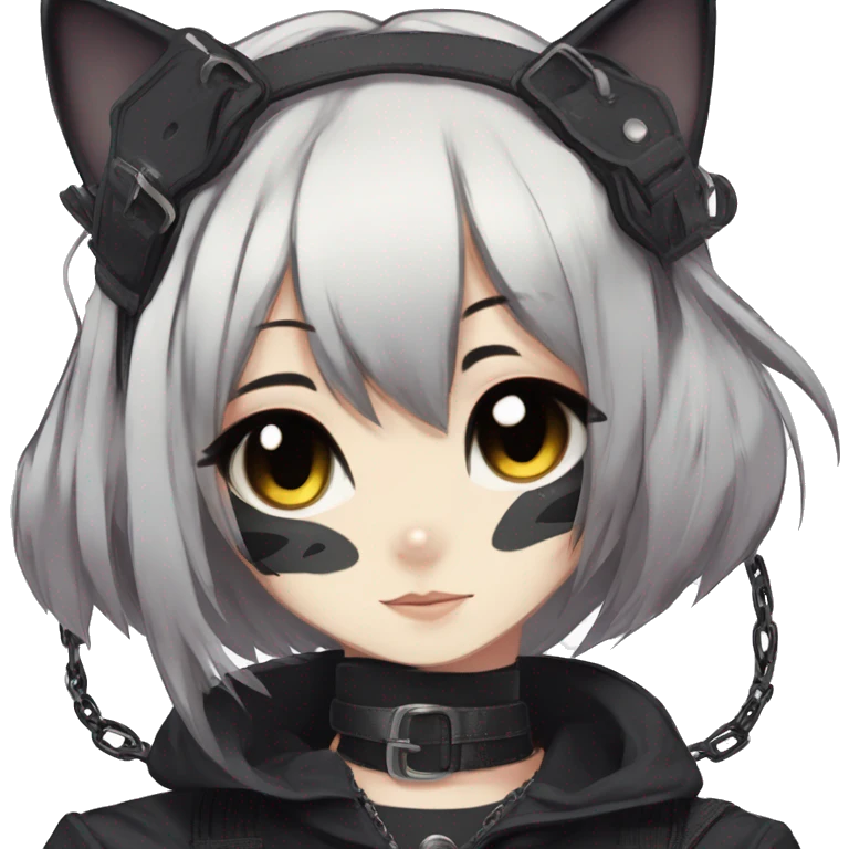 Gorgeous gothic dark techwear anime style anthro cat with blushing face aesthetic and pretty edgy black with collar and harness trending style emoji