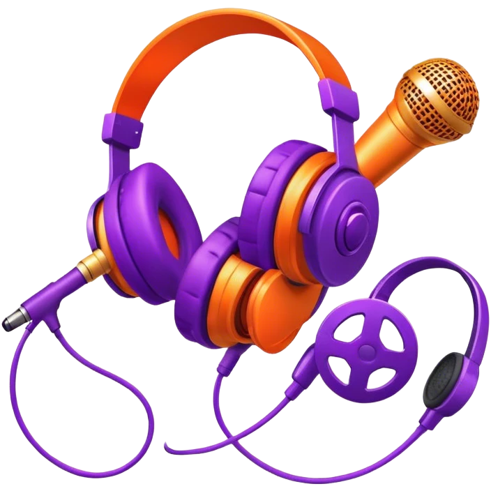Create a dynamic and creative emoji that represents voiceover and dubbing. The design should feature a microphone, a pair of studio headphones, and sound waveforms to symbolize the recording and manipulation of voice. Add subtle details like a film reel or a speech bubble to represent the dubbing aspect. Use vibrant colors like orange, red, or purple to evoke energy and creativity in voiceover work. The background should be transparent. emoji