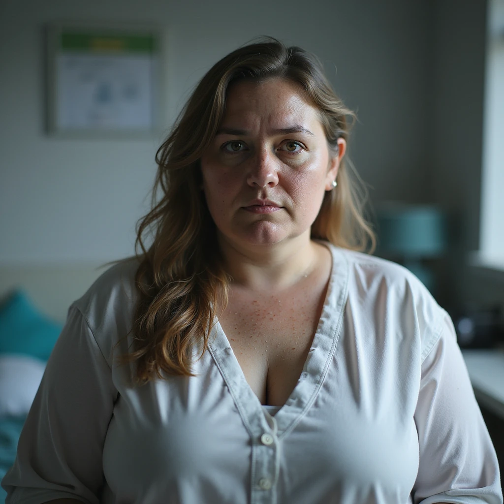 realistic woman with PCOS, slightly overweight body, skin with acne, thin hair, serious expression, hyperrealistic 4K details, clinical environment emoji