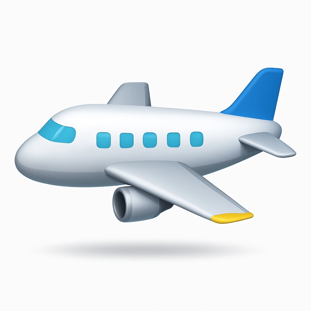 Make the airplane emoji look wider than the previous version. Keep everything else the same: iOS emoji style, 3D, shiny, smooth gradients, soft shadows, realistic airplane shape, classic emoji look. Add a soft shadow under the airplane. emoji