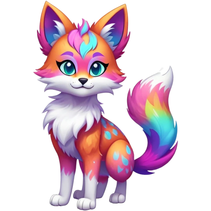 Vibrant multicolored neon-colored Falvie-Fionbri-creature-sparkle-feline-canine-hybrid-fursona, full body, fur pattern-markings emoji