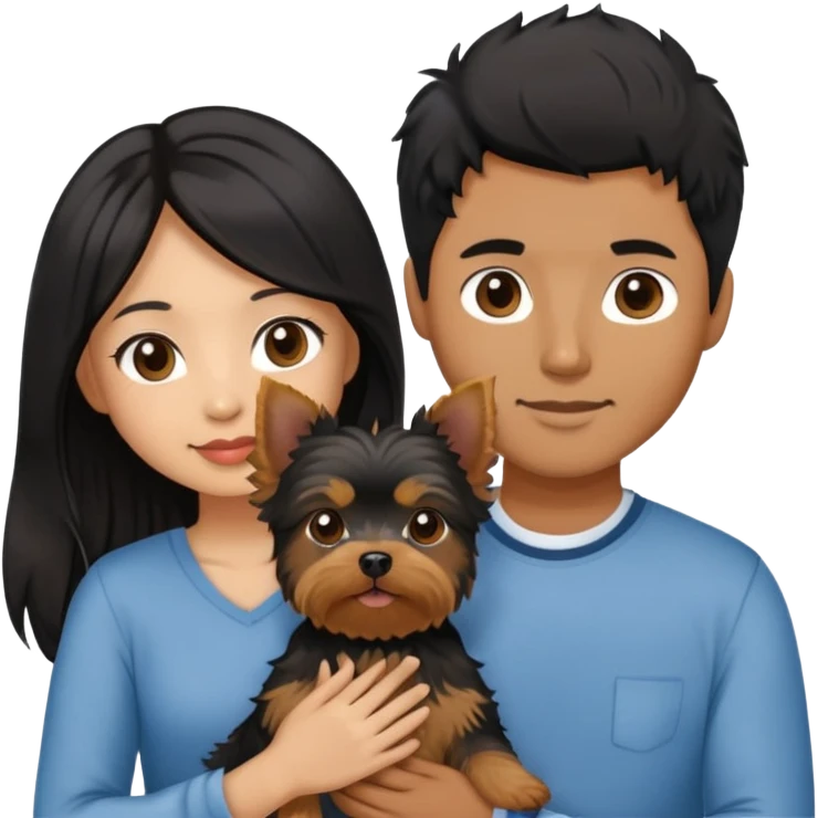 A couple holding a small Yorkshire Terrier together. The girl is Asian with long, luscious wavy black hair (loose, no hair tie). She is next to her boyfriend, a brown-skinned man with a short middle part haircut emoji