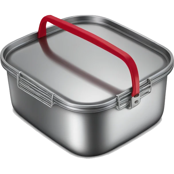 a stainless - steel food container with a red handle on the lid emoji