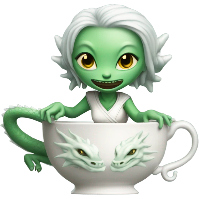 Photo realistic, alien female green,  on ride white china dragon infinite story emoji