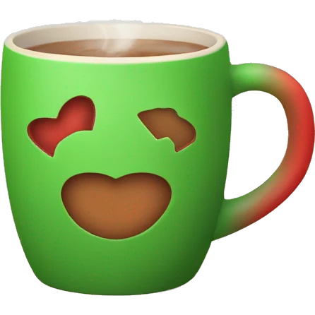 mugs with a hot drink, a beige mug. Steam rises from the mug in the shape of hearts. The color of the mug is warm red or green to convey the New Year mood emoji