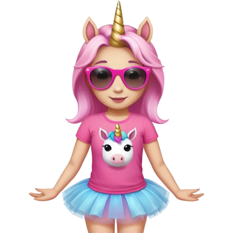 friendly anthropomorphised female unicorn in tutu and pink t-shirt, wearing dark sunglasses, relaxed pose, head and shoulders portrait emoji