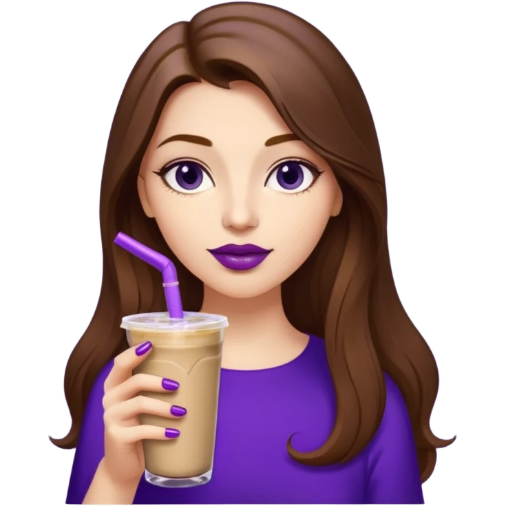 girl with long brown hair, wine lipstick, gold nail polish, drinking a blueberry butter pecan iced coffee with a purple straw  emoji