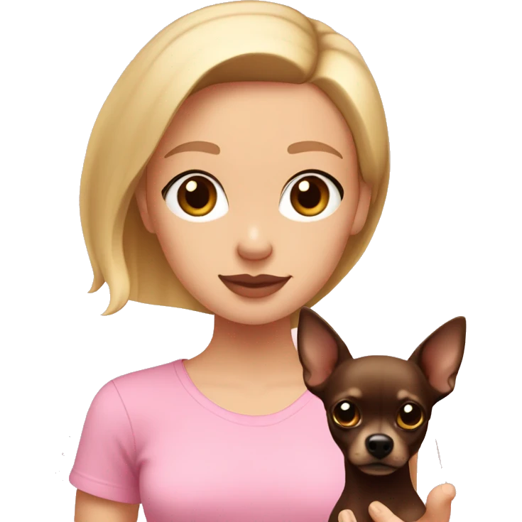 A girl with straight blonde hair with pale pink lips and brown eyes in a pink T-shirt holds a dark brown chihuahua in her hands emoji
