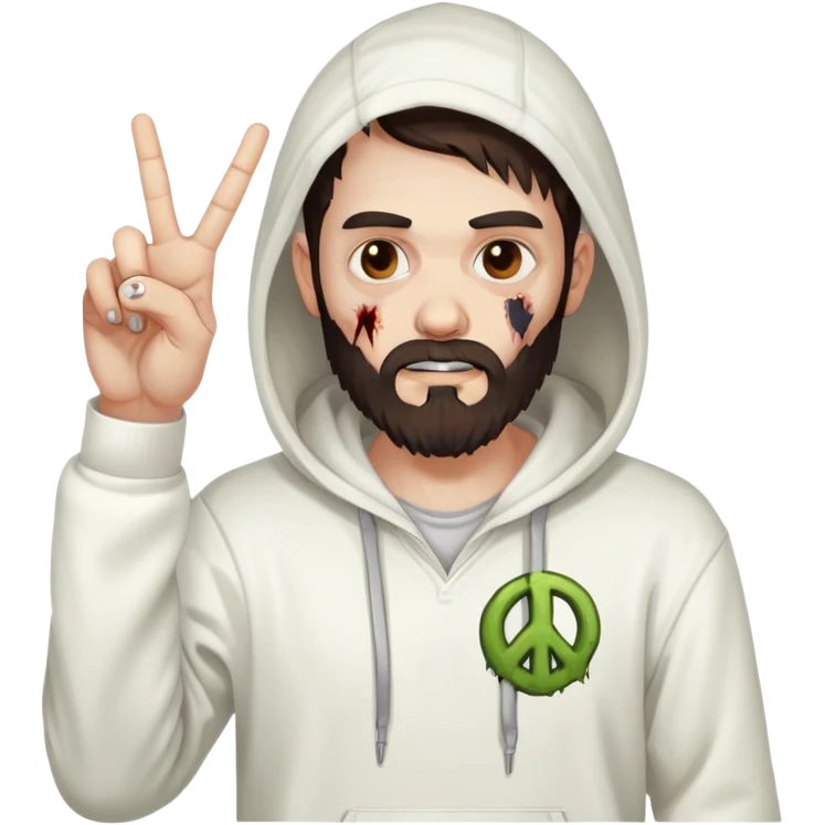 zombie with peace sign gesture wearing white hoodie, with dark brown hair and short full beard emoji