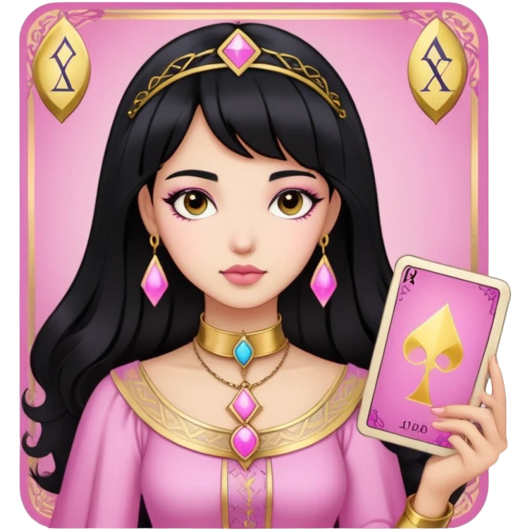 black hair girl with pink pink tarot gold cards emoji
