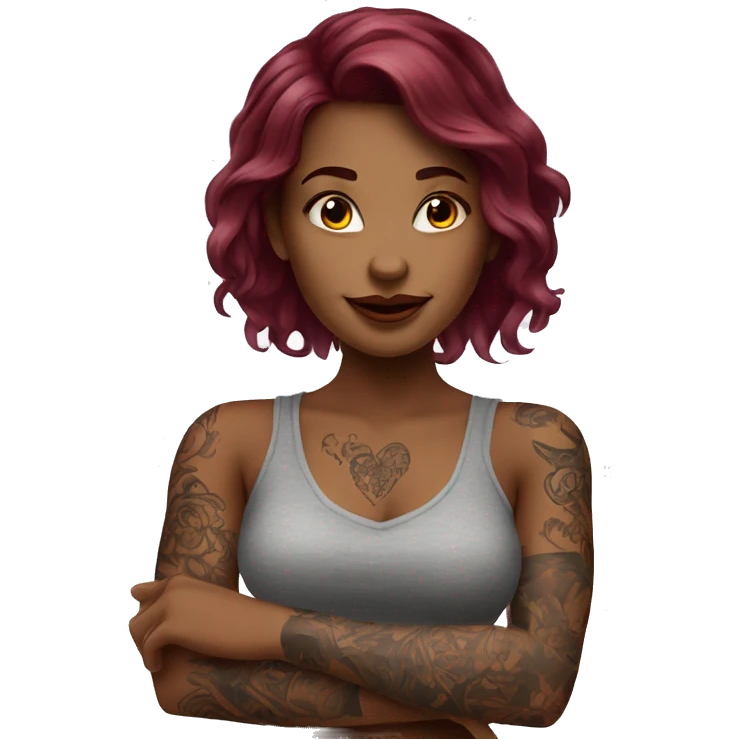 Beautiful tattooed  burgundy long haired woman blushing in love emoji