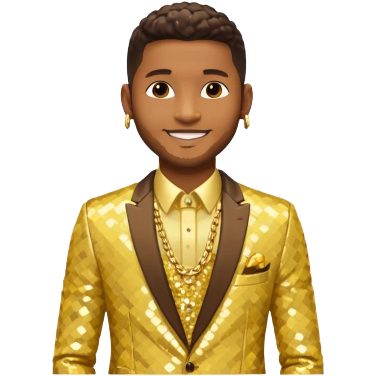 Usher with dark brown, butter yellow sequin suit jacket, shirtless with necklace emoji