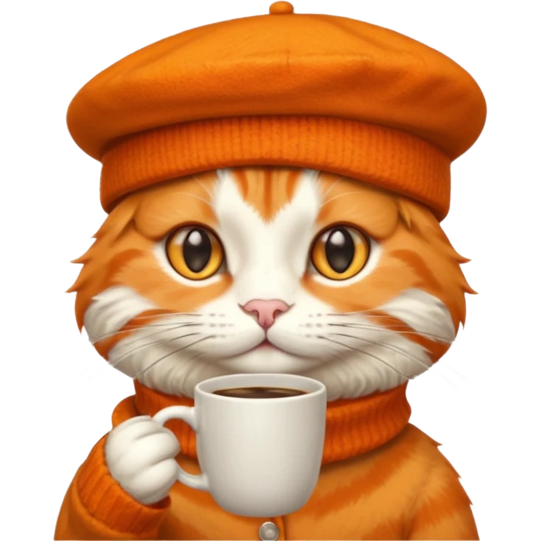 Orange cat, wear beret hat, holding coffee mug emoji