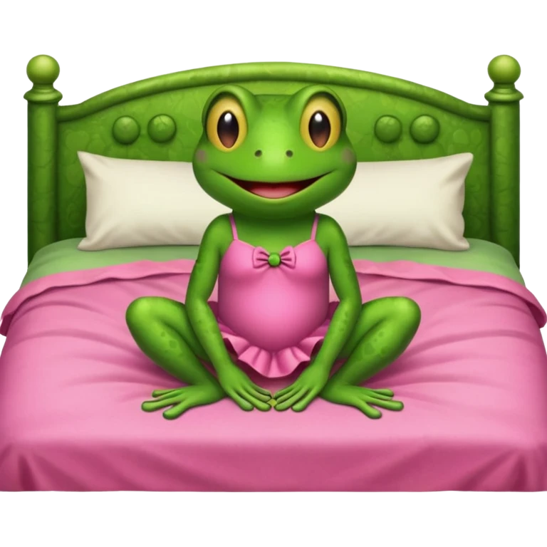 Frog in bed wearing a little pink dress emoji