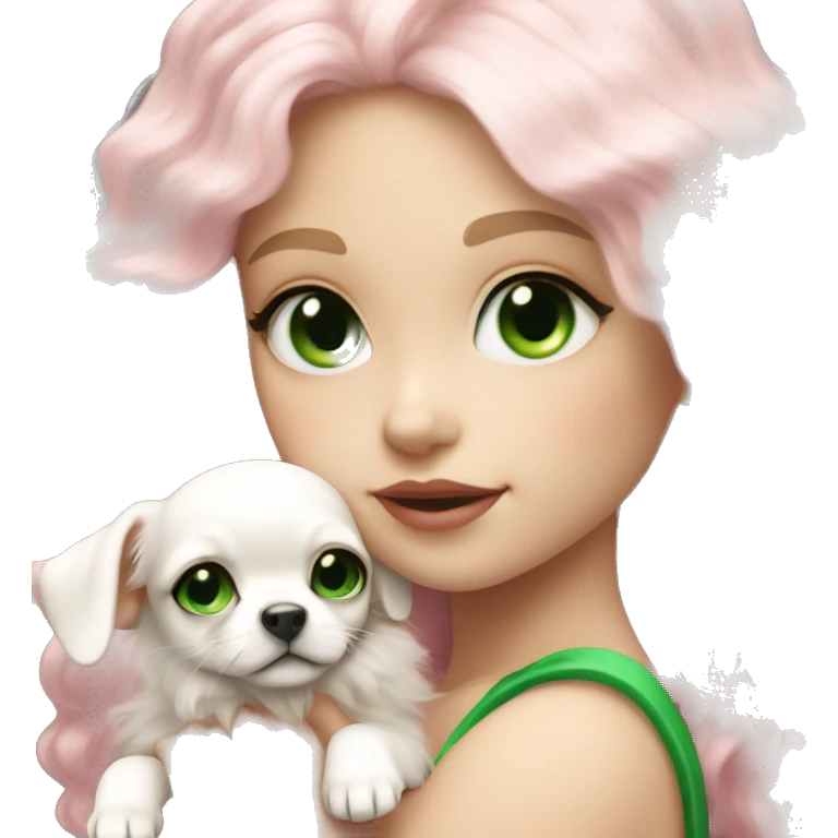 pale blond yt girl with wavy long platinum white hair with bright green eyes holding a white chihuahua puppy that wearing a pink bow emoji