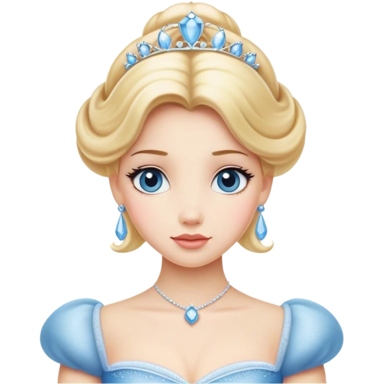 Cinematic Elegant Cinderella Portrait Emoji, rendered in a realistic, vector-style with minimal shading and bold, simplified shapes. Depict Cinderella in her classic ball gown (chest and above) with fair, porcelain skin and elegantly styled blonde hair, her eyes soft and kind, and her expression serene and graceful. The design glows with a gentle, enchanting radiance and high shine, capturing the timeless beauty of a fairy tale princess. emoji