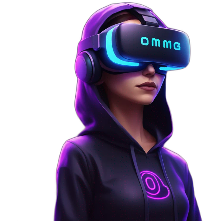 Cathie Wood wearing a black hoodie with "OMG" letters on it and VR headset in a cyberpunk VR environment with violet neon lighting. emoji