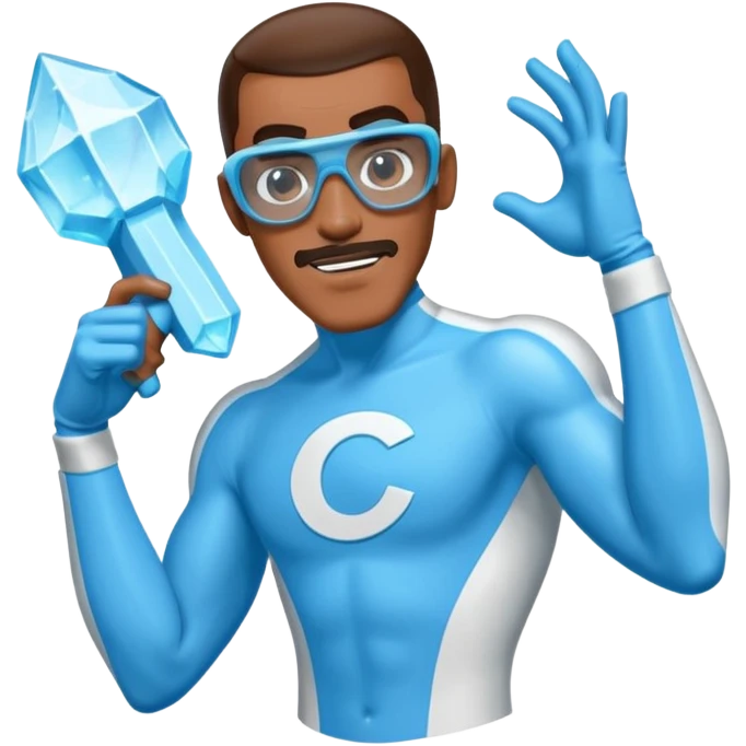 Frozone character in retro stickers style, dynamic pose, icy effects, bold outlines, vibrant colors he says "c'est carré dans l'axe" emoji