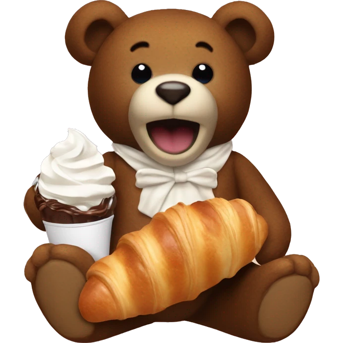 A teddy bear eating a croissant ￼with a coco with whip cream  emoji