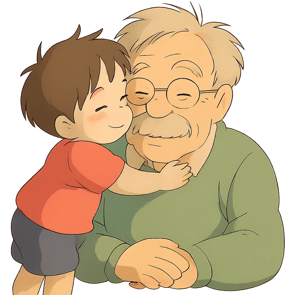 small kid showing affection to their granddad, gentle and heartwarming emoji