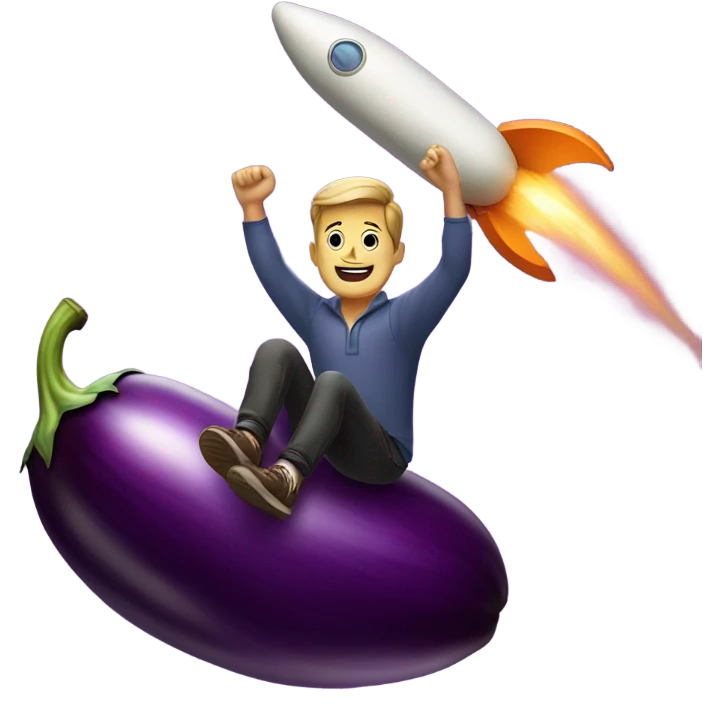 man riding a egg plant like a rocket ship emoji
