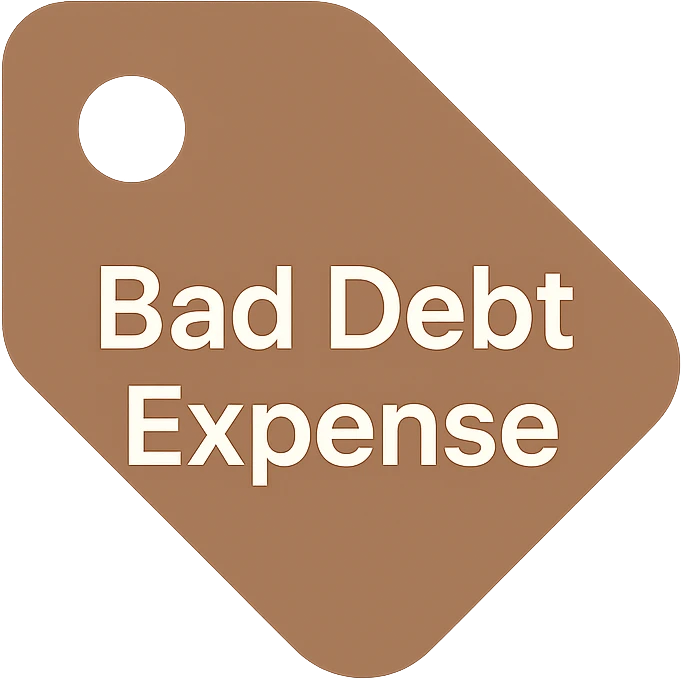 brown price tag icon with 'bad debt expense' written in white text, simple and professional emoji