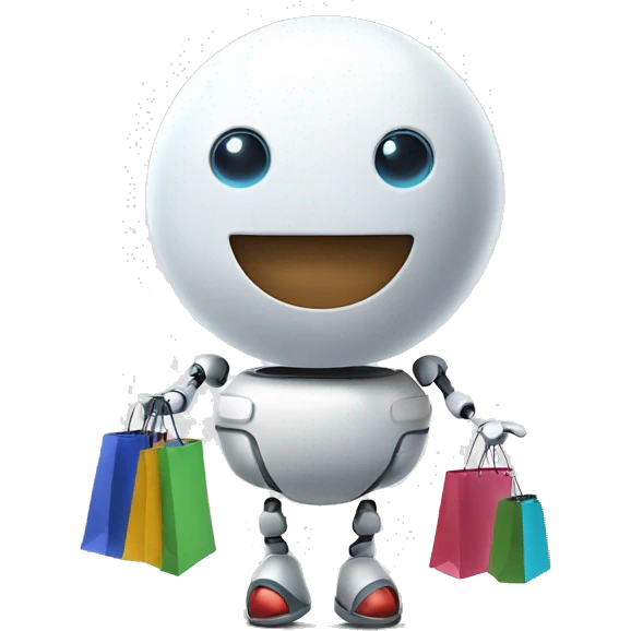 cute white floating spherical happy robot with shopping bags emoji