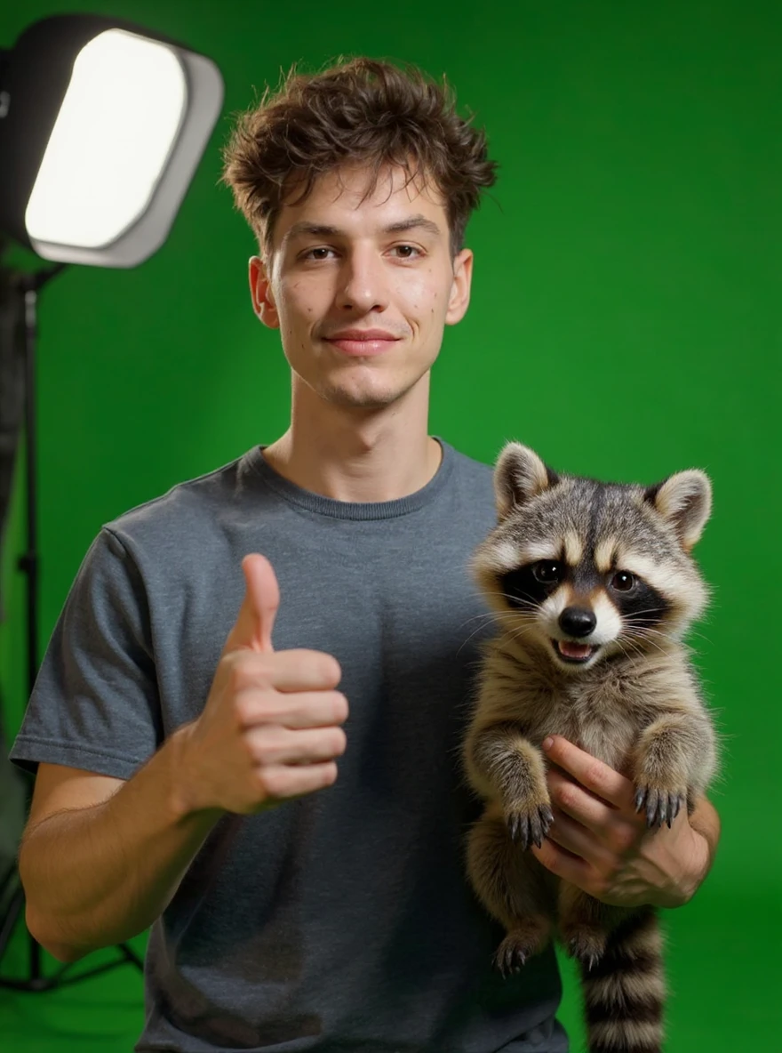 Make him holding happy raccoon showing thumbs up, in background movie set with green screen, proffesional light emoji