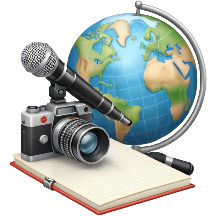 An icon showing a microphone, a notepad, and a camera, symbolizing journalism. The design includes a globe in the background, representing global news, and a breaking news banner for emphasis. Transparent background highlights the dynamic world of media and reporting. emoji