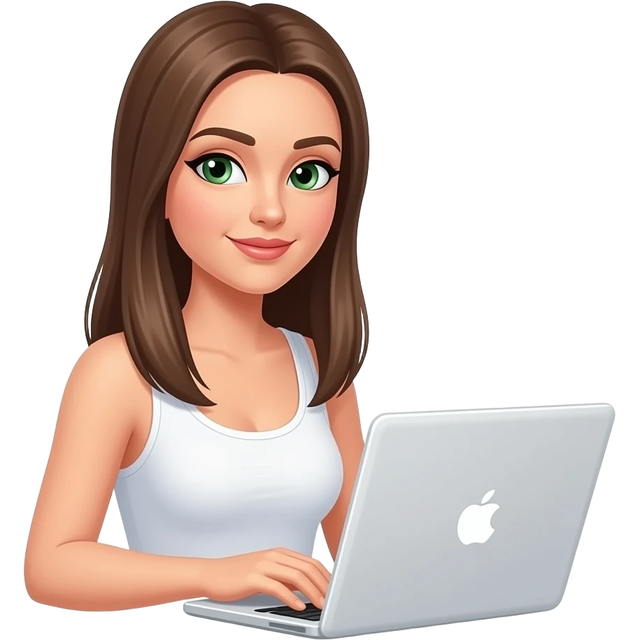 woman with green eyes and long straight brown hair wearing a white tank top and working on a white laptop emoji