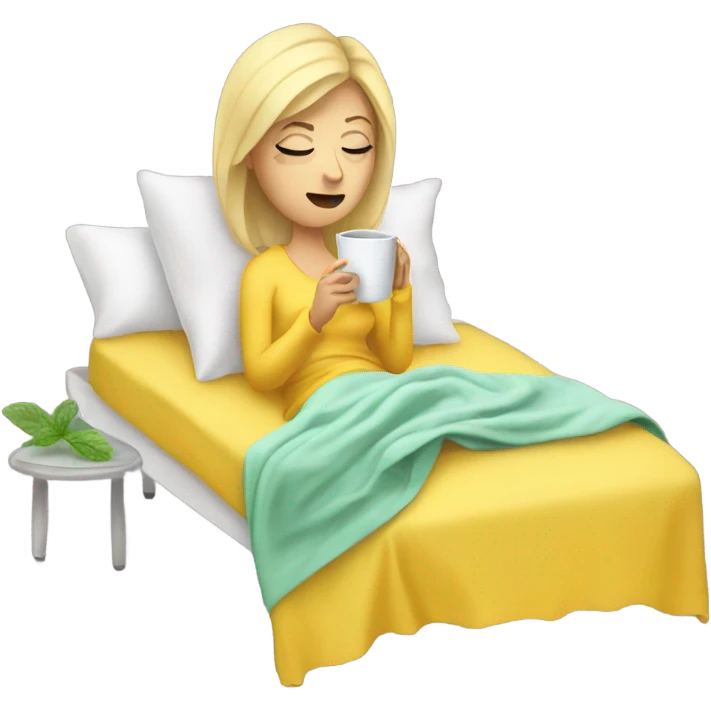 Sick blonde lady in bed with a yellow blanket drinking mint tea emoji