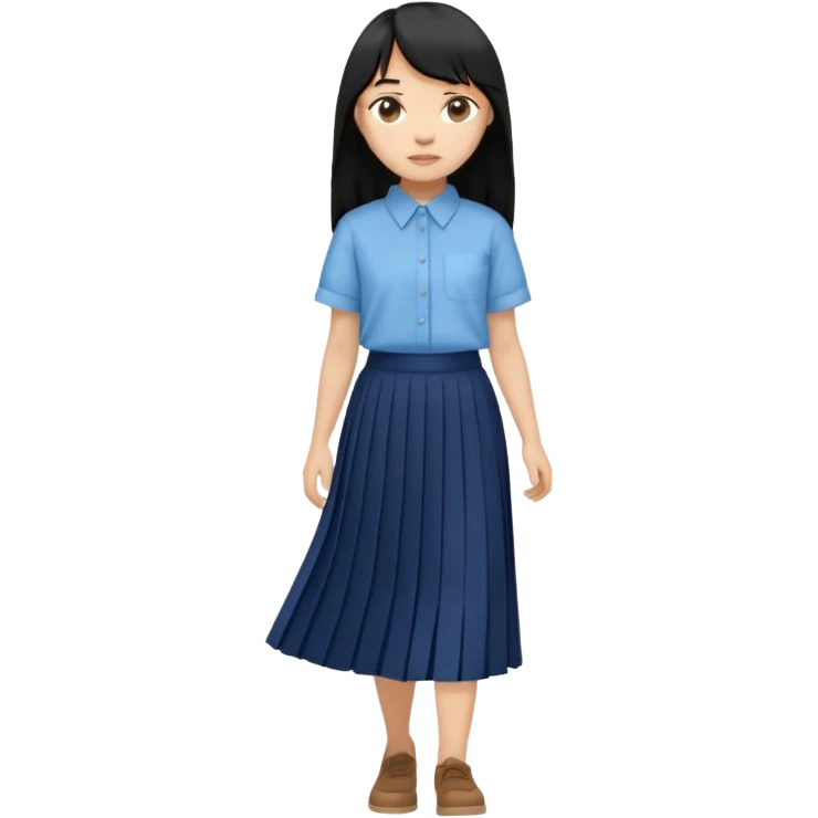 hair : black long hair with fringe 
skin : light 
cloth : oversize light blue shirt + navy long long skirt 
motion : walking  emoji