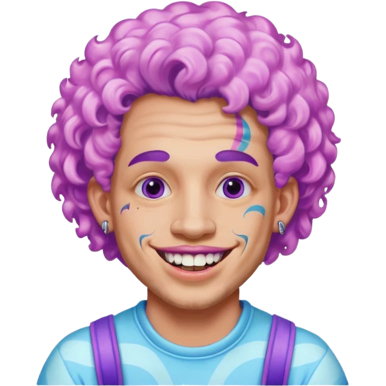 very cheerful colorful puffy violet curly haired man made out of cotton candy wearing teeth-braces and tattoos and face tattoos just face  emoji