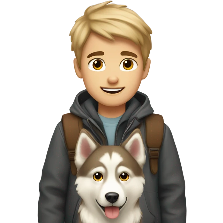 two boys , A brown and a blond with a sibérian Husky  emoji