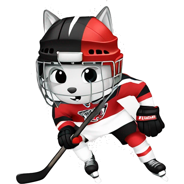 A wolf hockey player in a white red and black uniform holds a puck emoji