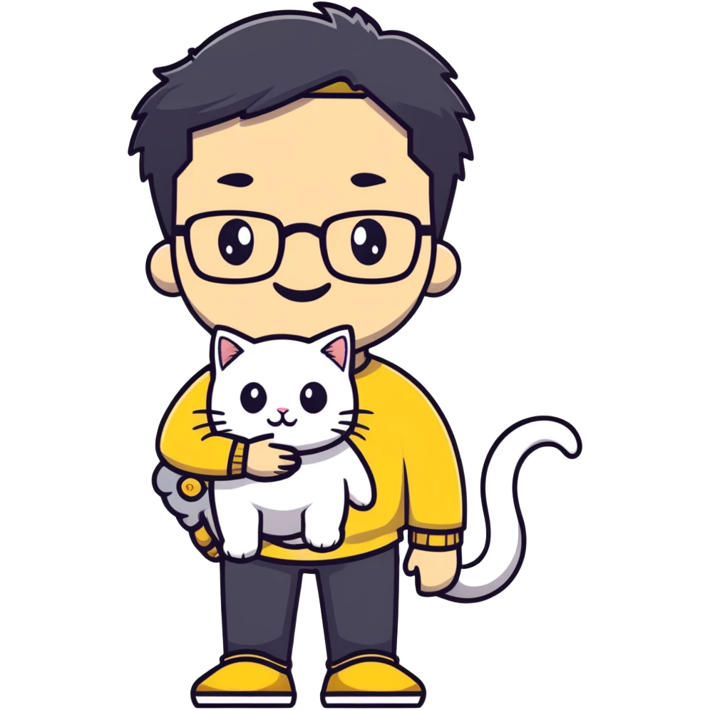 Young man with warm yellow-toned skin, long face, black back-length hair, large eyes, thin-rimmed square glasses, smiling gently while holding a grayish-white Munchkin cat with short legs and a gray patch under its mouth emoji