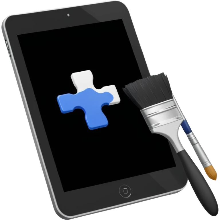 A simple graphic for digital art. A tablet dissolving into pixels with a paint brush or a pallet overlaid. No gradients. Just black on white. emoji