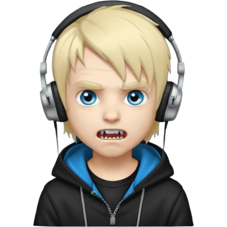 boy vampire whit blonde emo hair and eyes blue and grey skin and heandphones black AND A MICROFONE AND GOLD TEETH and agesive face and the hoodie black  emoji