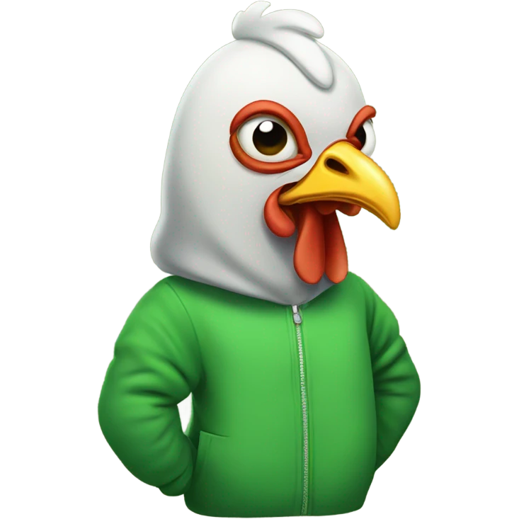 A chicken with one eye, wearing a green hoodie wearing a chicken suit emoji
