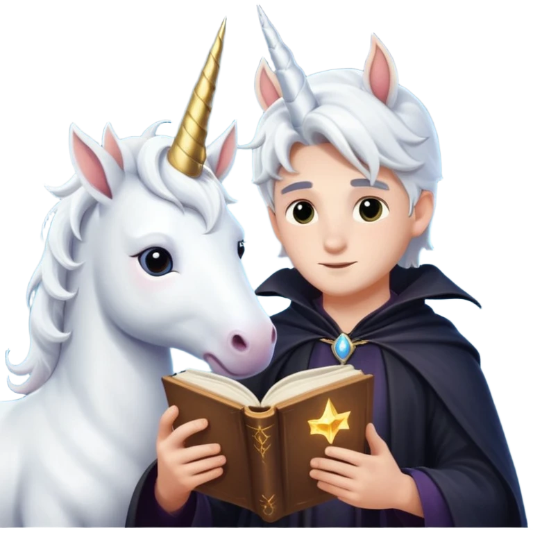 Cute male witch laying next to a unicorn, reading a magic book emoji