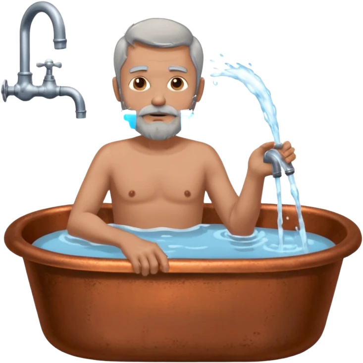 Man with grey hair and grey beard in old copper bath with water running from taps emoji