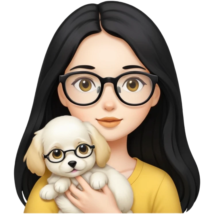 A beautiful girl with long black hair and glasses is holding a long-haired white and yellow puppy emoji